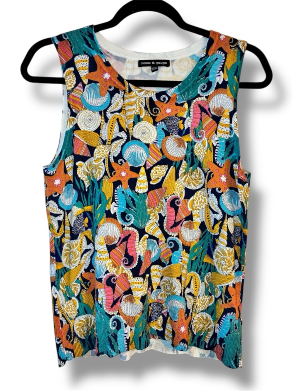 🐚 Cable & Gauge Seashell Print Tank Top XL Coastal Beach Nautical Stretch